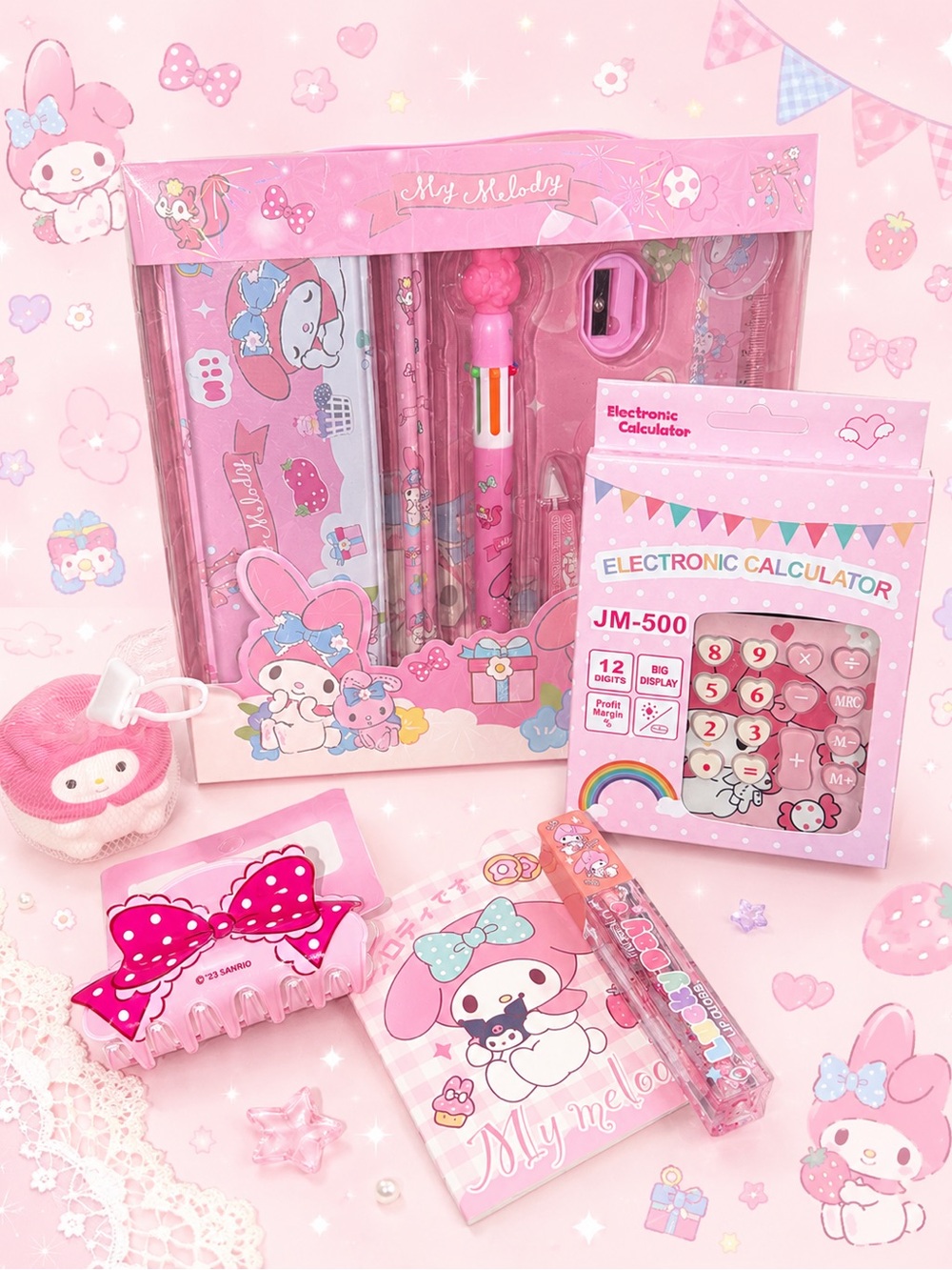 My Melody Sanrio stationary set calculator hair clip lip gloss squishy bundle